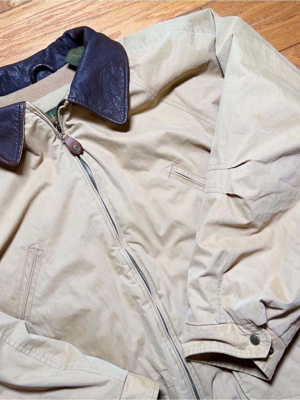 Timberland Weathergear Tan Chore Field Jacket Vintage 90s Leather Collar